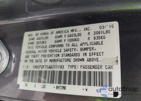 2010 Honda Accord 2.4 Ex из США, поврежденный, VIN 1HGCP2F71AA111193